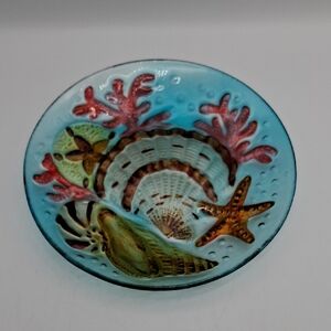 Coastal Seashell Glass Plate 8"- Blue and Coral